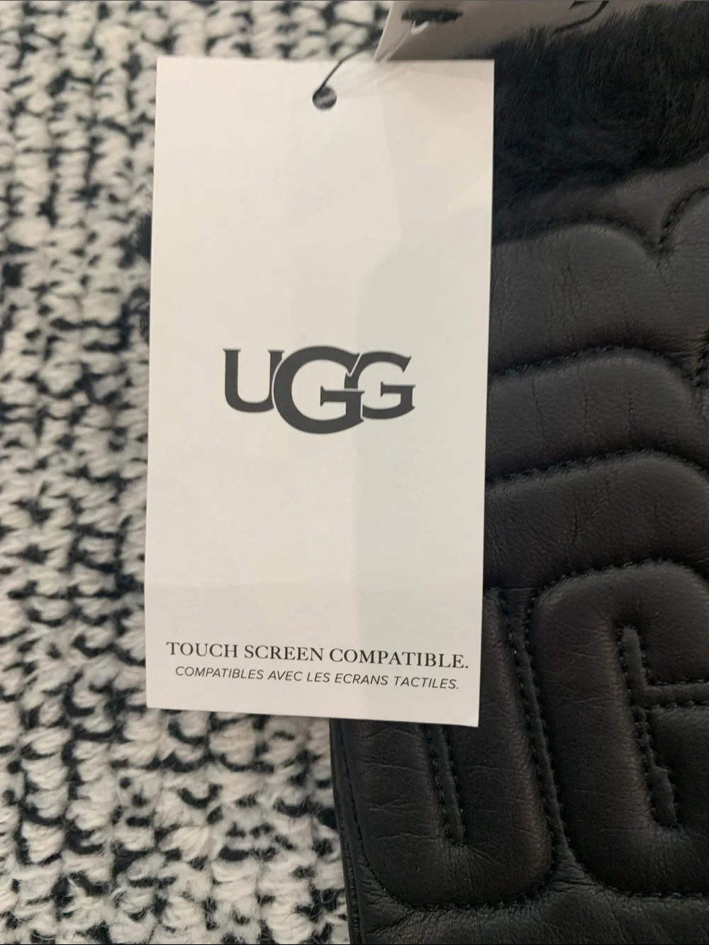 NWT UGG Black Quilted Leather Gloves with Shearling Cuff